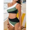 imageCUPSHE Womens Bikini Sets Two Piece Swimsuit High Waisted One Shoulder Color Block Ruched AsymmetricalBlackDark Green
