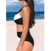 imageCUPSHE Womens Bikini Sets Two Piece Swimsuit High Waisted One Shoulder Color Block Ruched AsymmetricalBlackWhite