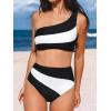 imageCUPSHE Womens Bikini Sets Two Piece Swimsuit High Waisted One Shoulder Color Block Ruched AsymmetricalBlackWhite