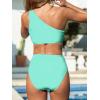 imageCUPSHE Womens Bikini Sets Two Piece Swimsuit High Waisted One Shoulder Color Block Ruched AsymmetricalMint GreenLight Blue