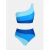 imageCUPSHE Womens Bikini Sets Two Piece Swimsuit High Waisted One Shoulder Color Block Ruched AsymmetricalRoyal BlueLight Blue