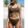 imageCUPSHE Womens Bikini Sets Two Piece Swimsuit Scoop Neck Tank Wide Straps Midkini StitchingBrownWhite