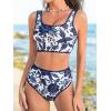 imageCUPSHE Womens Bikini Sets Two Piece Swimsuit Scoop Neck Tank Wide Straps Midkini StitchingWhiteNavy Floral