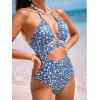 imageCUPSHE Womens One Piece Swimsuit Plunging V Neck Mesh Bathing Suit Crisscross Strappy SwimwearDusty BlueFloral