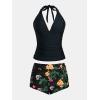 imageCUPSHE Womens Tankini Sets Two Piece Swimsuit High Waisted Halter V Neck Bathing Suit Adjustable Straps ShortsBlackOrange Floral