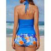imageCUPSHE Womens Tankini Sets Two Piece Swimsuit High Waisted Halter V Neck Bathing Suit Adjustable Straps ShortsRoyal BlueOrange Floral