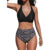imageCUPSHE Womens Bikini Sets Two Piece Bathing Suit High Waisted V Neck Halter Front Twist Back Hook TexturedBlackDitsy