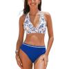 imageCUPSHE Womens Bikini Sets Two Piece Swimsuit High Waisted Halter Back Self Tie V Neck Textured Hollow OutWhiteBlue Floral