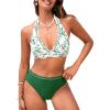 imageCUPSHE Womens Bikini Sets Two Piece Swimsuit High Waisted Halter Back Self Tie V Neck Textured Hollow OutWhiteGreen Floral