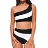 imageCUPSHE Womens Bikini Sets Two Piece Swimsuit High Waisted One Shoulder Color Block Ruched AsymmetricalBlackWhite