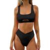 imageCUPSHE Womens Bikini Sets Two Piece Swimsuit High Waisted Square Neck Cutout Wide Straps Tank High Cut Cheeky BottomBlack