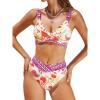 imageCUPSHE Womens Bikini Sets Two Piece Swimsuit High Waisted Twisted V Neck Adjustable Straps SwimwearIvoryPurpleFloral