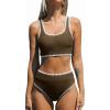imageCUPSHE Womens Bikini Sets Two Piece Swimsuit Scoop Neck Tank Wide Straps Midkini StitchingBrownWhite
