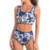 imageCUPSHE Womens Bikini Sets Two Piece Swimsuit Scoop Neck Tank Wide Straps Midkini StitchingWhiteNavy Floral