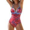 imageCUPSHE Womens One Piece Swimsuit V Neck Bathing Suit Cutout Laddder Trim Lace Up Back Self Tie Spaghetti StrapsBlueRed Floral
