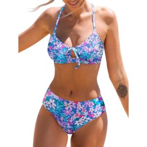 imageCUPSHE Womens Bikini Set Two Piece Bathing Suits Scoop Neck Crisscross Back Self Tie Mid Waisted Bottom Floral Cut OutPurple Blue Floral