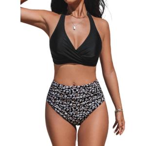 imageCUPSHE Womens Bikini Sets Two Piece Bathing Suit High Waisted V Neck Halter Front Twist Back Hook TexturedBlackDitsy