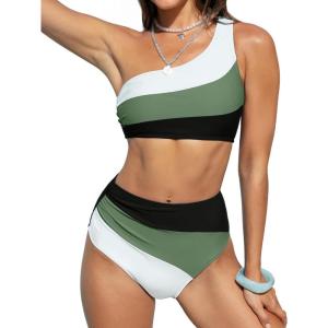 imageCUPSHE Womens Bikini Sets Two Piece Swimsuit High Waisted One Shoulder Color Block Ruched AsymmetricalBlackDark Green