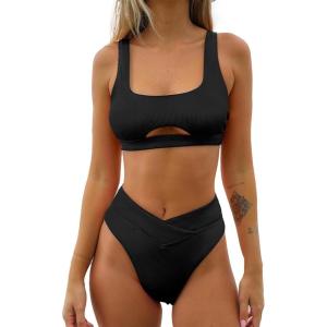 imageCUPSHE Womens Bikini Sets Two Piece Swimsuit High Waisted Square Neck Cutout Wide Straps Tank High Cut Cheeky BottomBlack