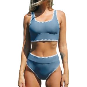 imageCUPSHE Womens Bikini Sets Two Piece Swimsuit Scoop Neck Tank Wide Straps Midkini StitchingBlue