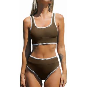 imageCUPSHE Womens Bikini Sets Two Piece Swimsuit Scoop Neck Tank Wide Straps Midkini StitchingBrownWhite