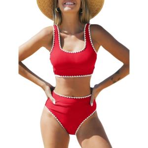 imageCUPSHE Womens Bikini Sets Two Piece Swimsuit Scoop Neck Tank Wide Straps Midkini StitchingRedWhite
