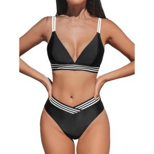 imageCUPSHE Womens Bikini Sets V Neck Two Piece Bathing Suit High Waisted Color Block Adjustable Double Straps Back HookBlackWhite