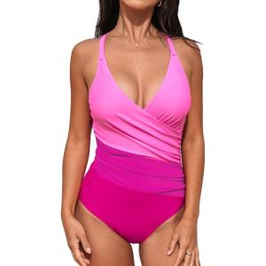 imageCUPSHE Womens One Piece Swimsuit Bathing Suit V Neck Ruched Crisscross Back Self Tie Color BlockMagentaPink