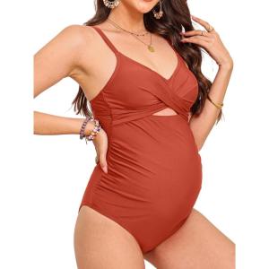 imageCUPSHE Womens One Piece Swimsuit Maternity Wrapped Front Ruched Pregnancy Bathing Suit Back Hook CutoutRed