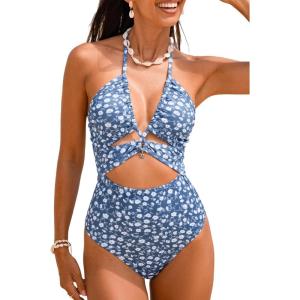 imageCUPSHE Womens One Piece Swimsuit Plunging V Neck Mesh Bathing Suit Crisscross Strappy SwimwearDusty BlueFloral