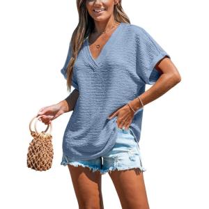 imageCUPSHE Womens Summer Top Short Sleeve V Neck Dressy Casual Loose Fit Shirts Trendy T Shirts Outfits Beach Vacation ClothesBlue