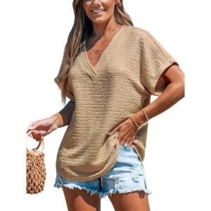 imageCUPSHE Womens Summer Top Short Sleeve V Neck Dressy Casual Loose Fit Shirts Trendy T Shirts Outfits Beach Vacation ClothesKhaiki