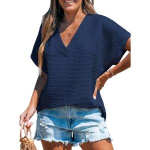 imageCUPSHE Womens Summer Top Short Sleeve V Neck Dressy Casual Loose Fit Shirts Trendy T Shirts Outfits Beach Vacation ClothesNavy Blue