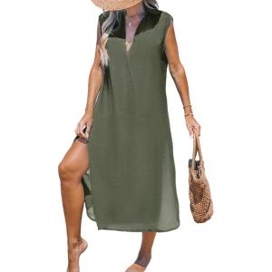 imageCUPSHE Womens Swimsuit Coverup Casual Sleeveless Side Split Long Cardigans V Neck Midi Beach DressGreen