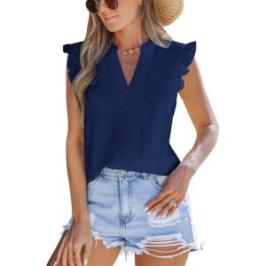 imageCUPSHE Womens Top Woven V Neck Sleeveless Smocked Cuffs Blouse Casual LooseNavy