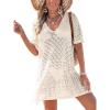 imageCUPSHE Women Crochet Swim Coverup V Neck Hollow Out Casual Loose Beach Coverup DressBeige