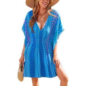 imageCUPSHE Swimsuit Coverup for Women V Neck Geometric Elastic Waist Short Sleeve Beach Cover Ups SundressBlue