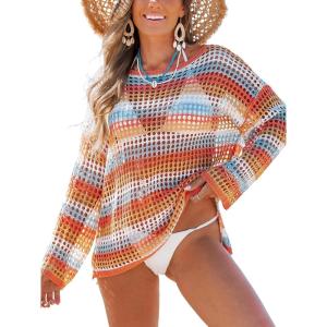 imageCUPSHE Women Crochet Cover Up Striped Swimwear Cutout Beach Coverup TopOrange Striped
