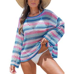 imageCUPSHE Women Crochet Cover Up Striped Swimwear Cutout Beach Coverup TopPurple Striped