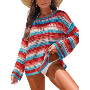 imageCUPSHE Women Crochet Cover Up Striped Swimwear Cutout Beach Coverup TopRedgreen Striped