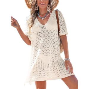 imageCUPSHE Women Crochet Swim Coverup V Neck Hollow Out Casual Loose Beach Coverup DressBeige