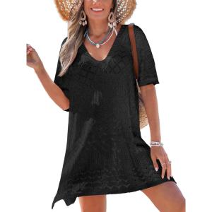 imageCUPSHE Women Crochet Swim Coverup V Neck Hollow Out Casual Loose Beach Coverup DressBlack