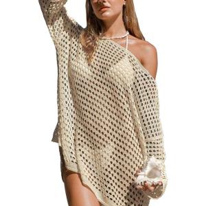 imageCUPSHE Womens Crochet Cover Up Cutout Drop Shoulder Long Sleeves Pullover Beachwear Bathing Suit 2025Apricot
