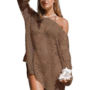 imageCUPSHE Womens Crochet Cover Up Cutout Drop Shoulder Long Sleeves Pullover Beachwear Bathing Suit 2025Brown