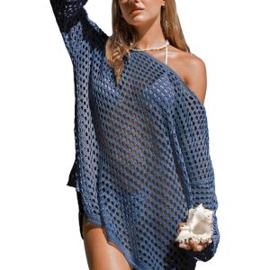 imageCUPSHE Womens Crochet Cover Up Cutout Drop Shoulder Long Sleeves Pullover Beachwear Bathing Suit 2025Deep Blue