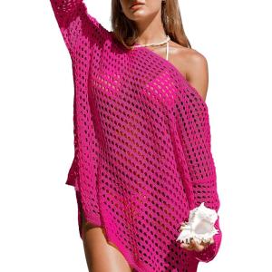 imageCUPSHE Womens Crochet Cover Up Cutout Drop Shoulder Long Sleeves Pullover Beachwear Bathing Suit 2025Hot Pink