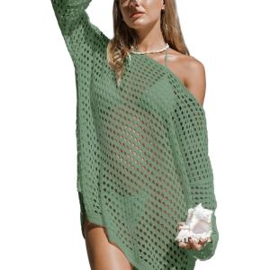 imageCUPSHE Womens Crochet Cover Up Cutout Drop Shoulder Long Sleeves Pullover Beachwear Bathing Suit 2025Light Green