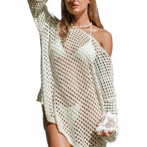 imageCUPSHE Womens Crochet Cover Up Cutout Drop Shoulder Long Sleeves Pullover Beachwear Bathing Suit 2025Sand