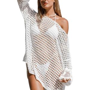 imageCUPSHE Womens Crochet Cover Up Cutout Drop Shoulder Long Sleeves Pullover Beachwear Bathing Suit 2025White