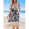 imageCUPSHE Summer Womens Summer Dresses V Neck Short Sleeve Vacation Casual Smocked Beach Midi Wedding Guest DressBlue Paisley